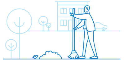 Line art graphic of a person raking leaves.